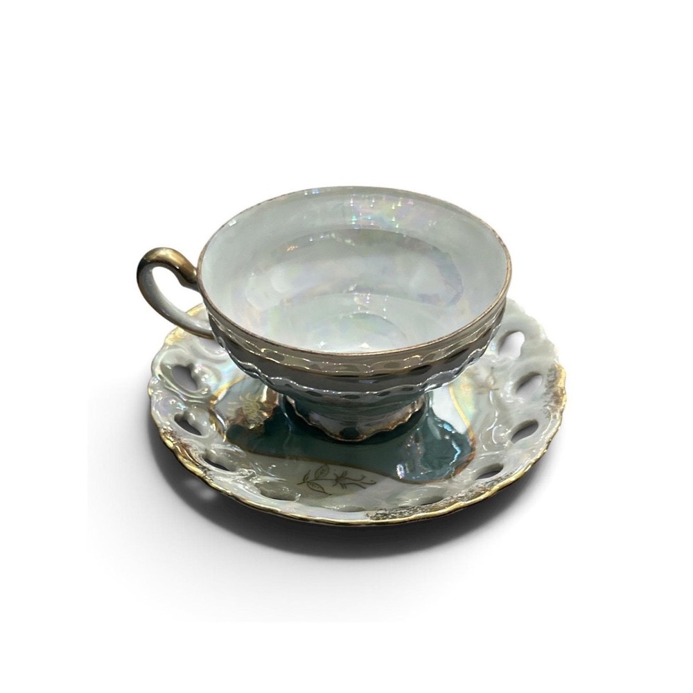 VTG Sterling Iridescent Japan Lusterware Tea Cup Saucer Set Teal Gold Rim